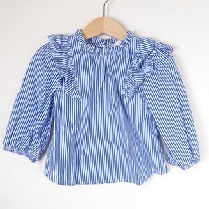 Crewcuts Striped Ruffle Blouse Toddler Girls Size 2 Blue White Long Sleeve Top